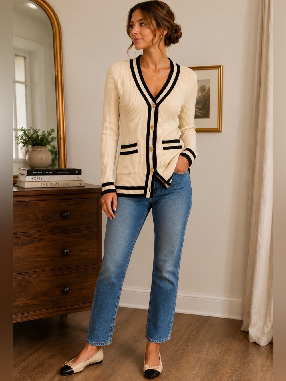Cabi Ribbed Cotton Cardigan Sweater Cream Black Gold Button Preppy S - Picture 3 of 6